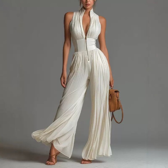 Zimmermann Pants - Zimmermann Sleeveless Plunging V-Neck Pleated Jumpsuit in Ivory